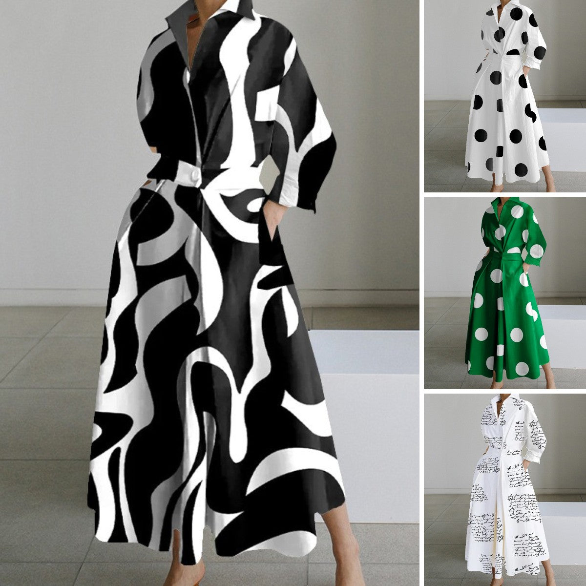 👗🖤Rochie de damă de înaltă calitate, cu guler POLO, căptușeală, mâneci lungi, talie elastică, leagăn, model nou, 2025